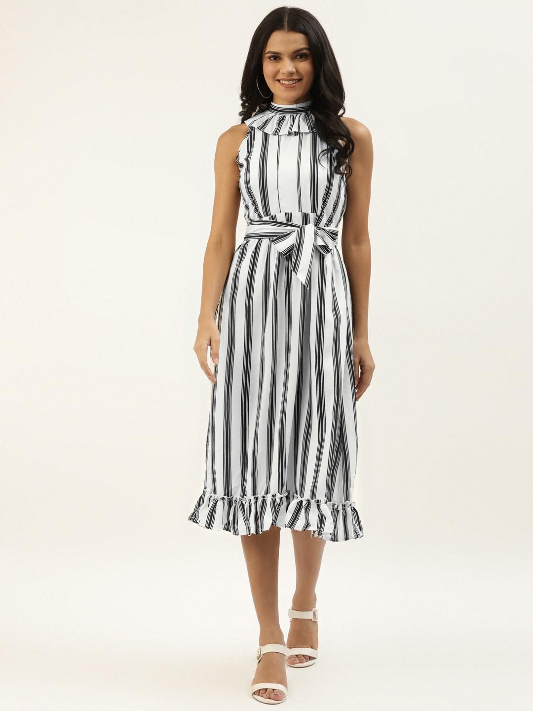 belle fille women white & black striped ruffled midi a-line dress with tie-ups