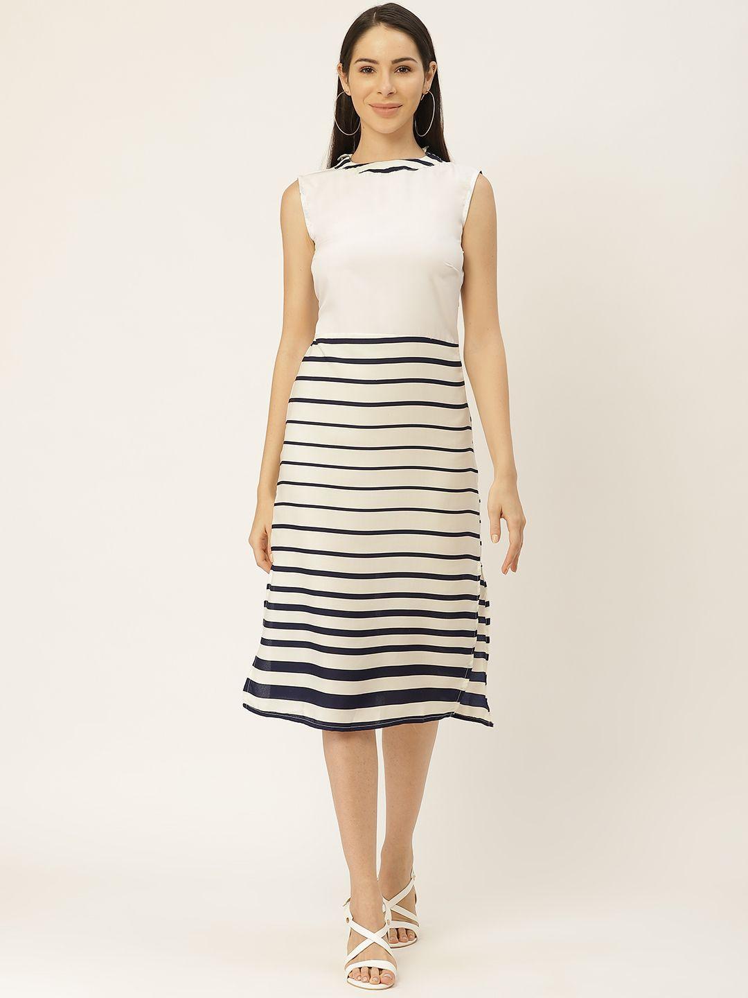 belle fille women white & navy blue striped a-line dress