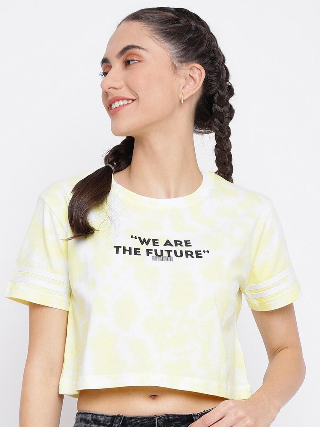 belliskey women yellow & white tie and dye printed crop t-shirt