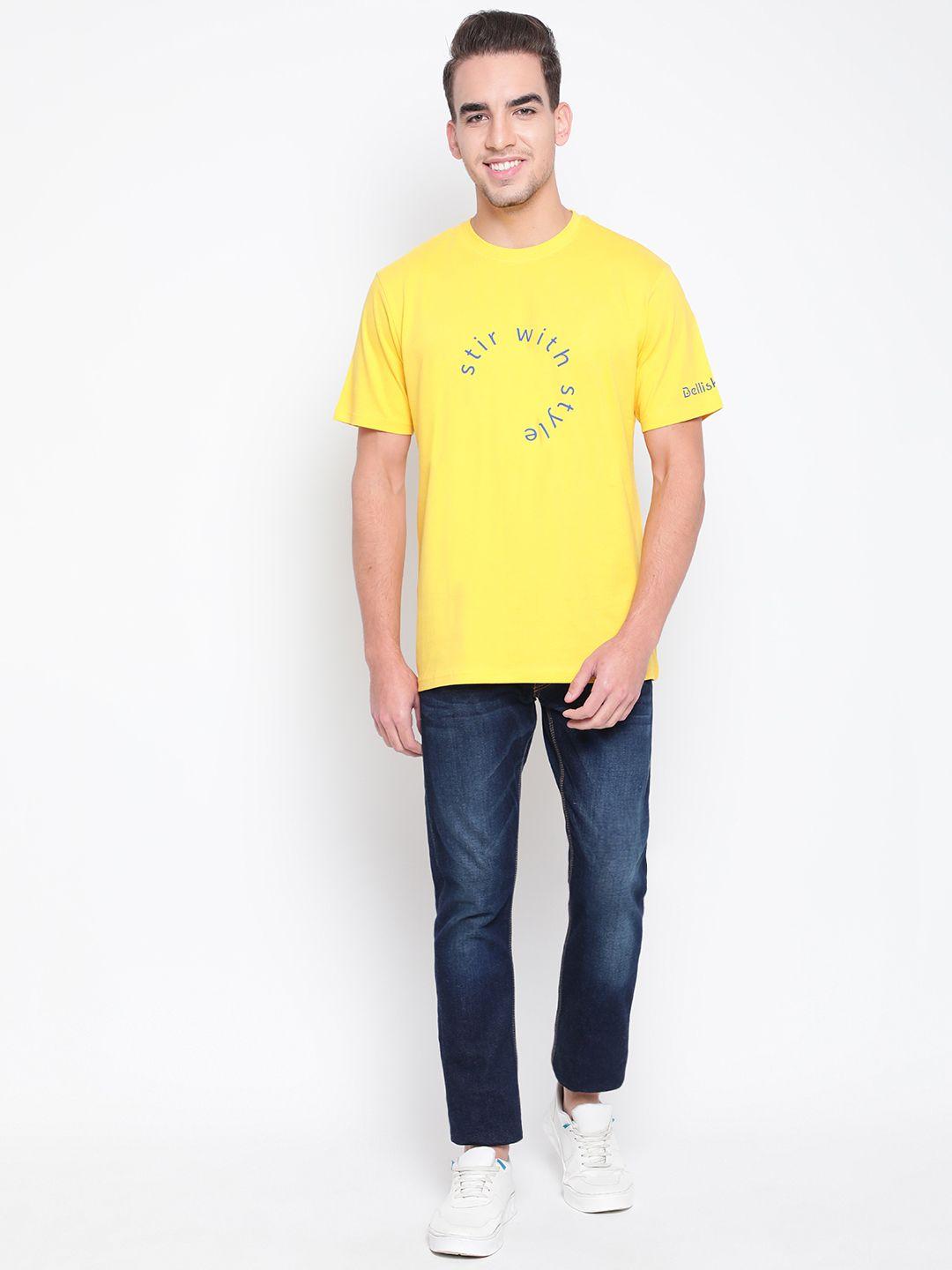 belliskey men yellow & blue typography printed t-shirt