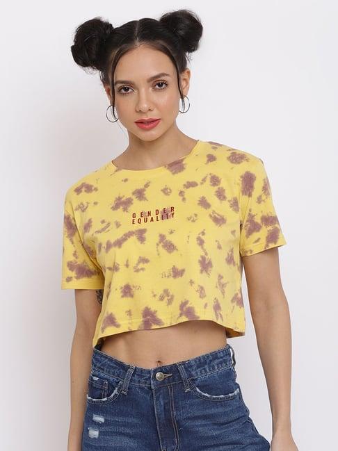 belliskey mustard & brown tie - dye crop top