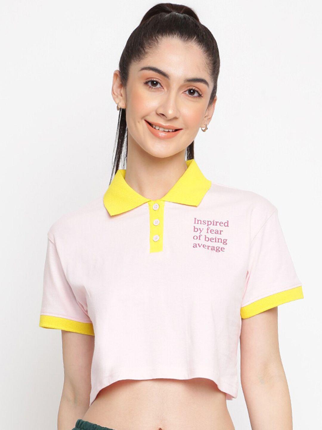 belliskey women pink printed polo collar applique t-shirt