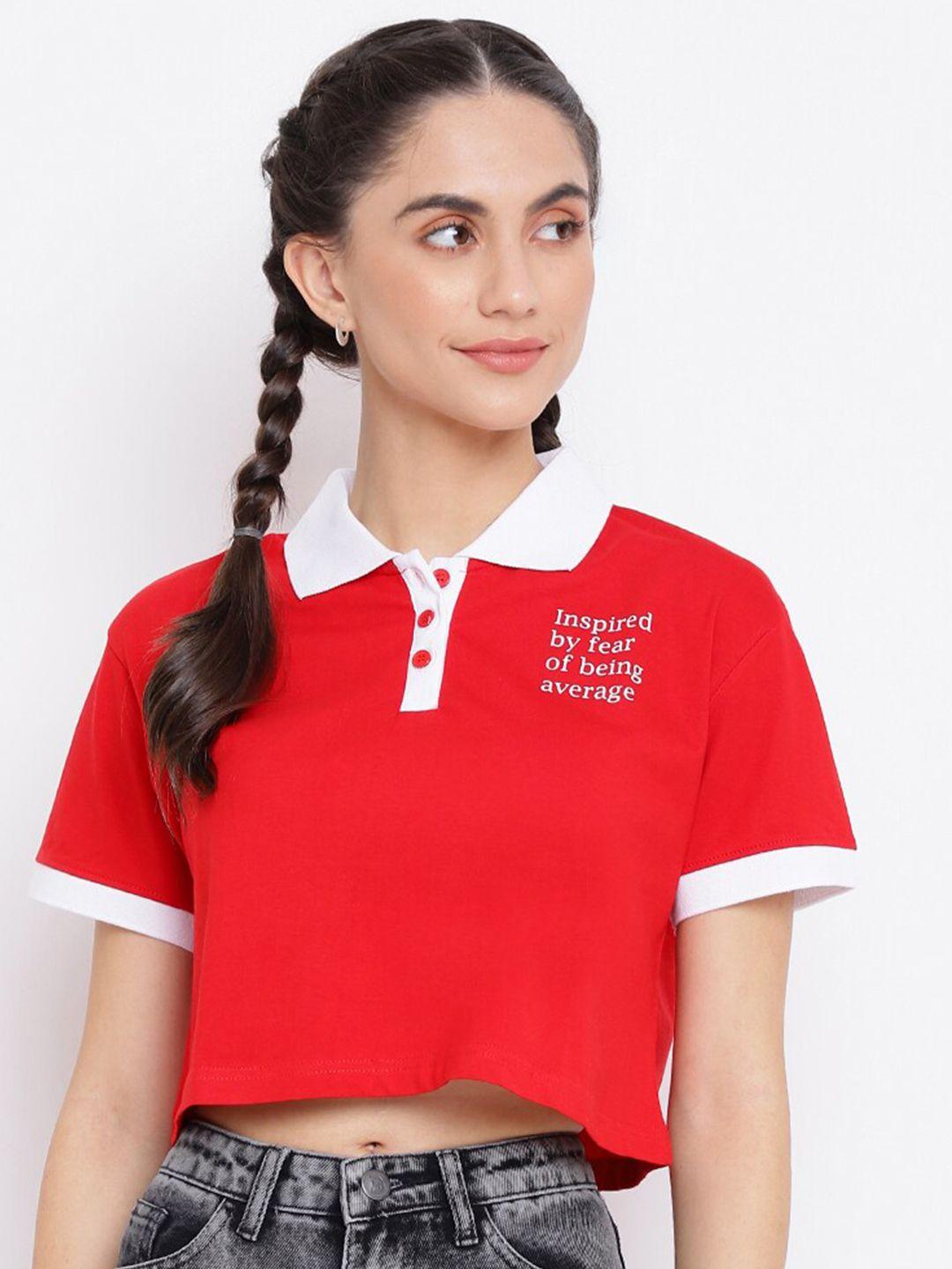 belliskey women red typography henley neck applique t-shirt