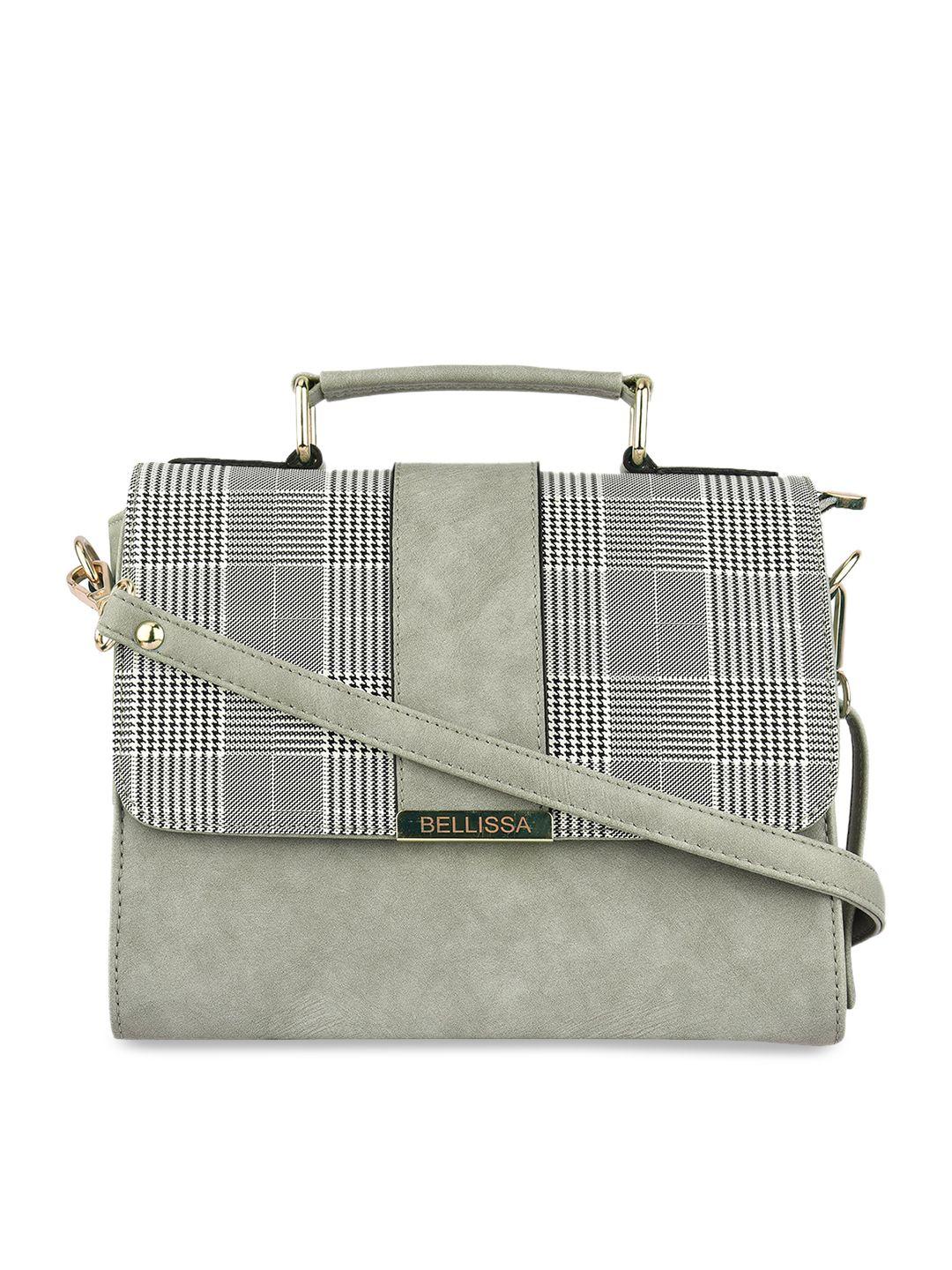 bellissa grey checked printed pu oversized structured satchel with applique