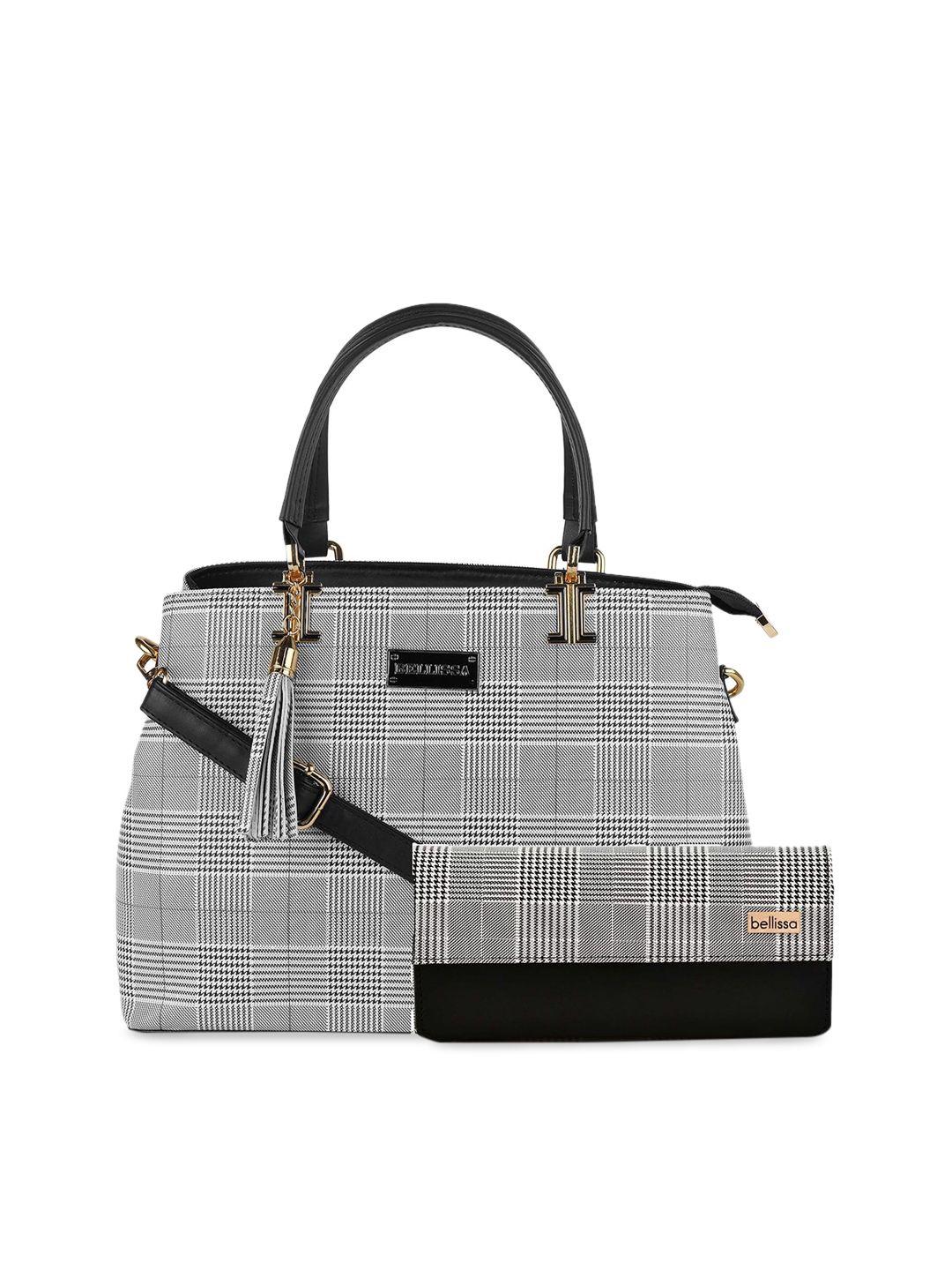 bellissa black & white checked structured handheld bag with wallet