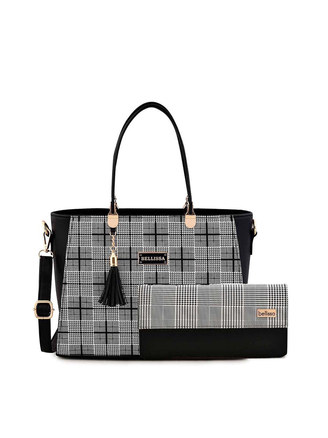 bellissa black checked pu shopper handheld bag with tasselled