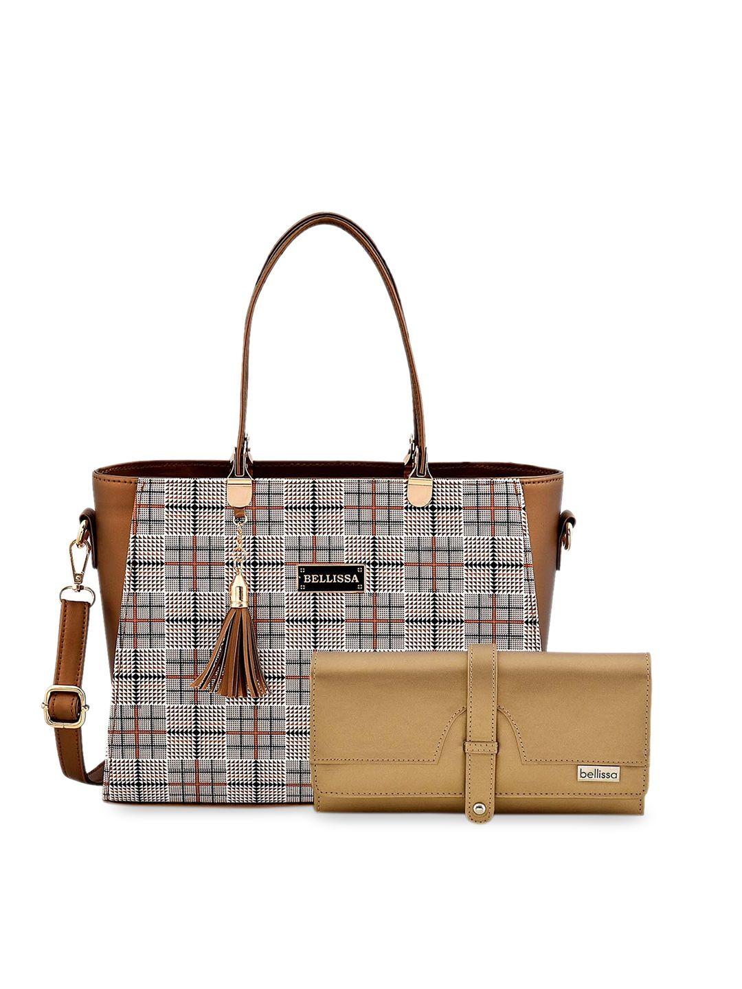 bellissa copper-toned checked pu structured handheld bag with clutch