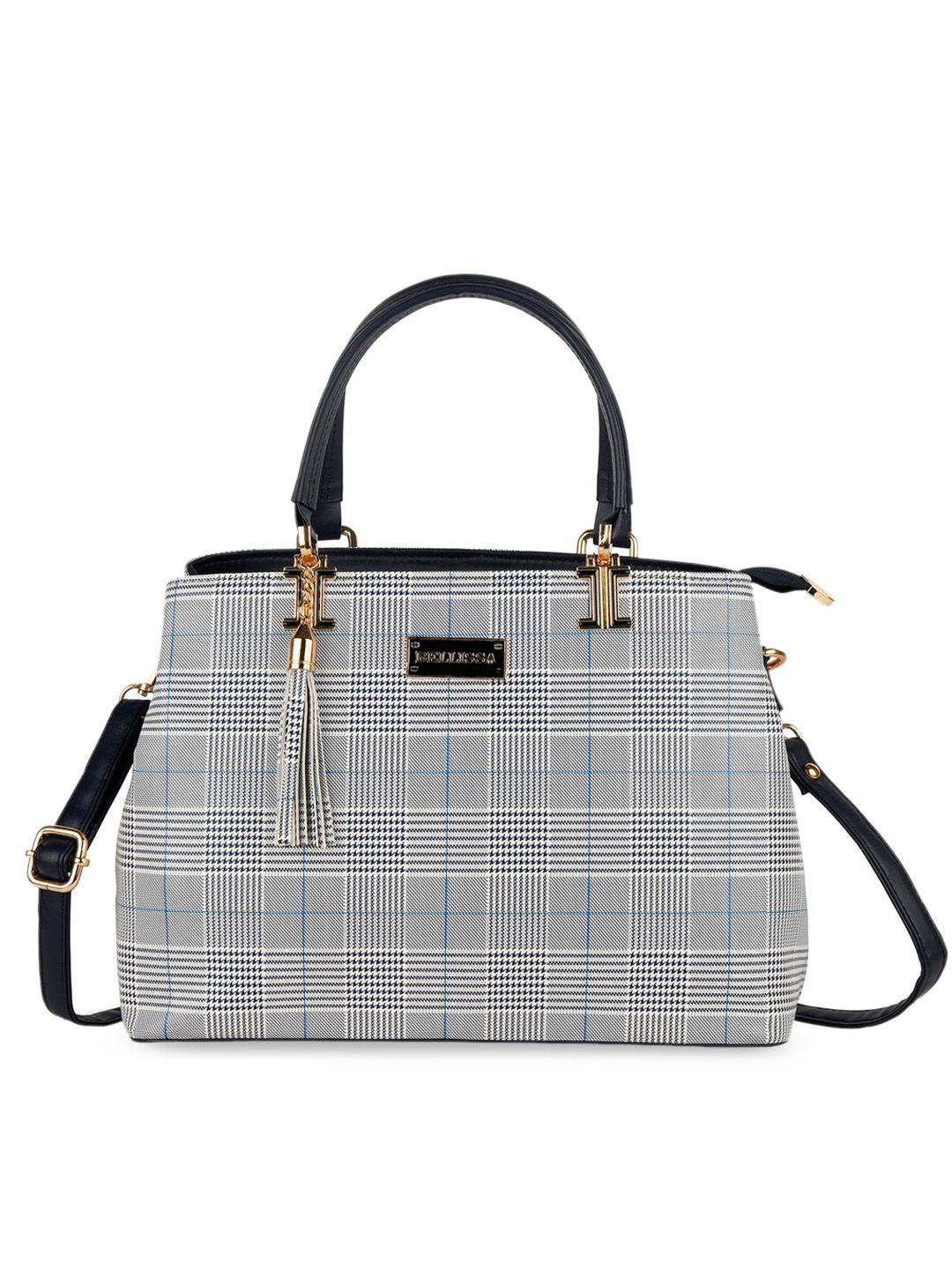 bellissa navy blue & grey checked design handheld bag