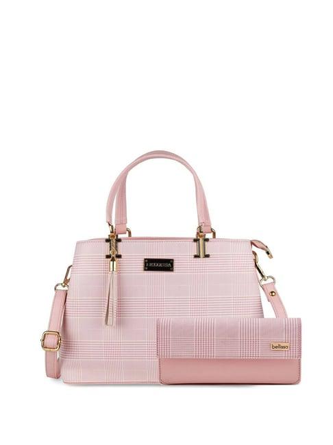 bellissa pink checks medium handbag with wallet combo