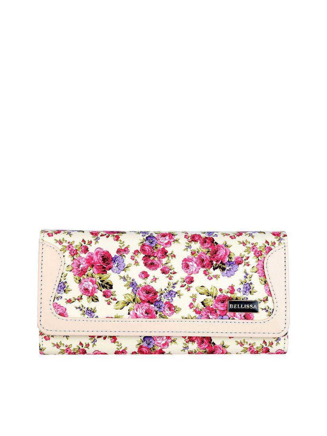 bellissa women cream-coloured & pink floral printed pu two fold wallet