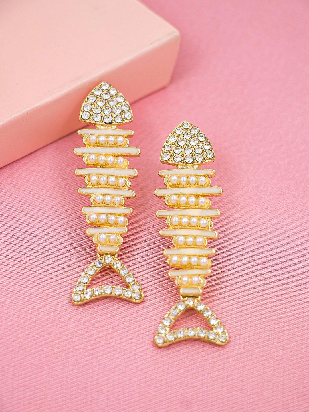 bellofox beige & gold-toned pearls drop earrings