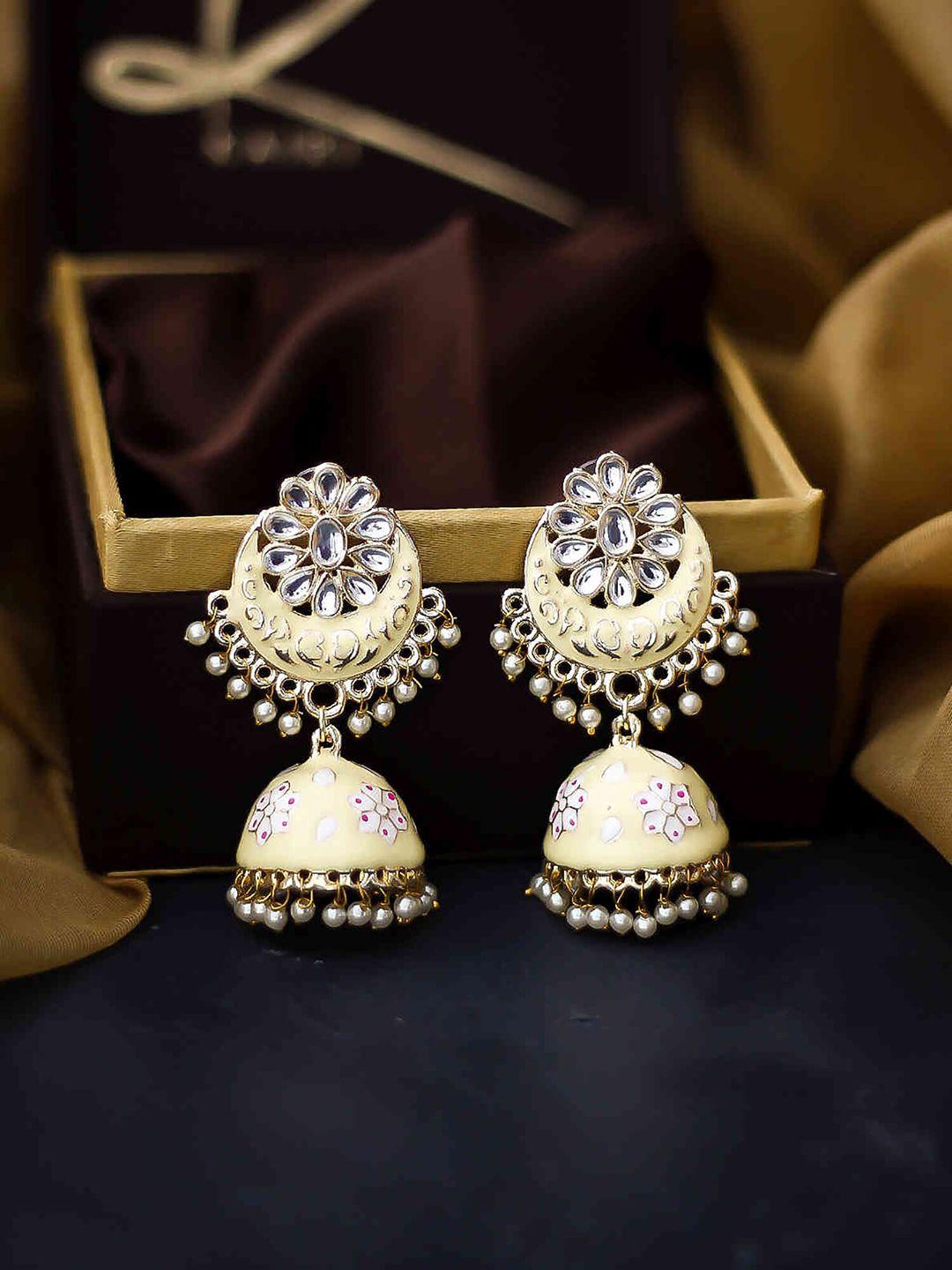 bellofox gold toned & beige artificial beads jhumkas