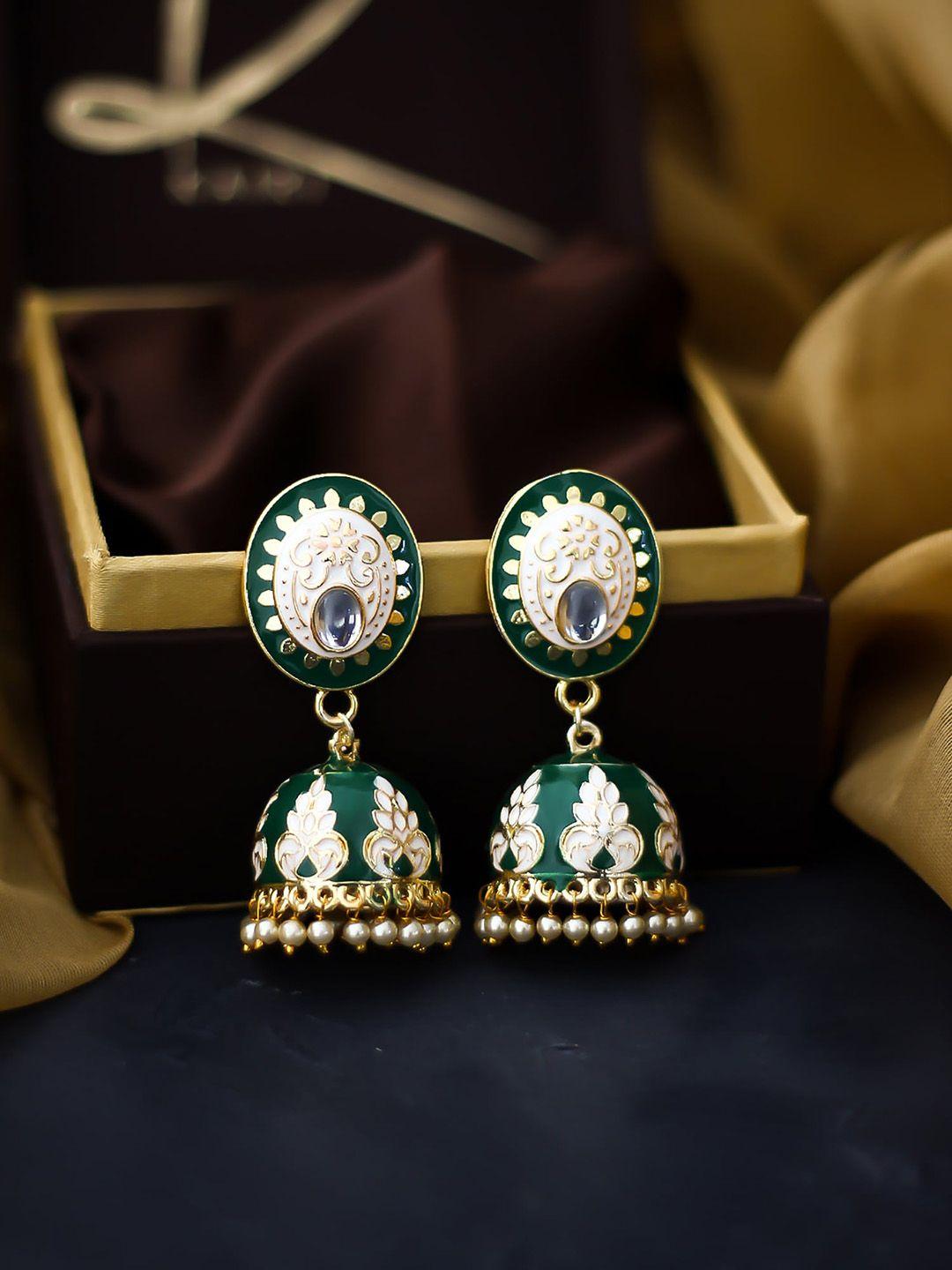 bellofox gold toned & green artificial beads jhumkas