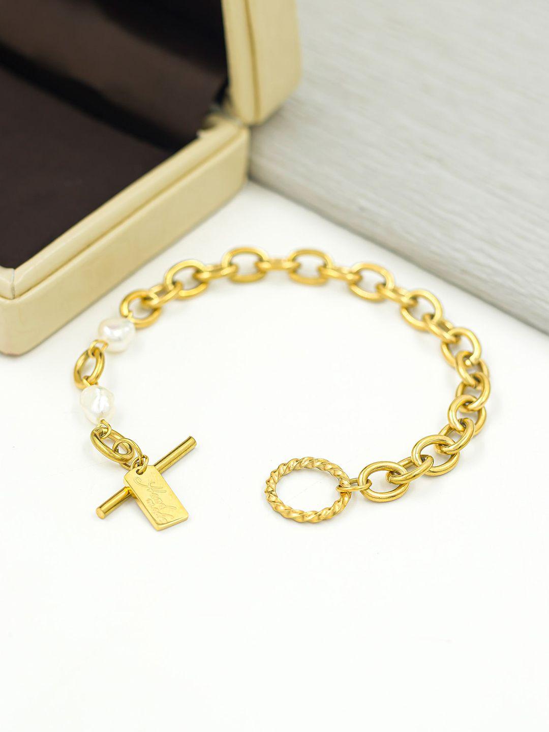 bellofox women gold-toned & white pearls link interlock bracelet