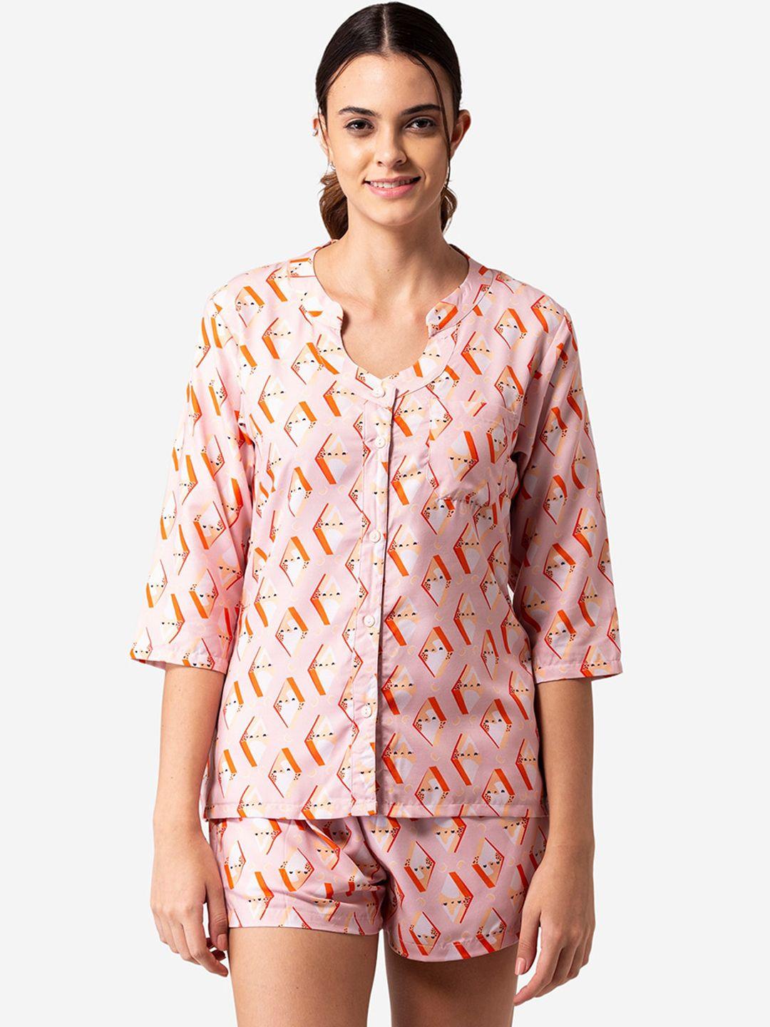 bellofox women peach-coloured & white printed night suit