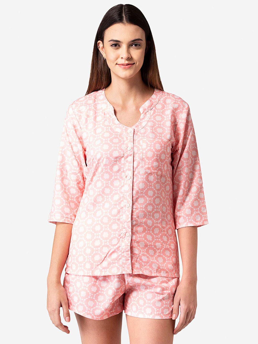 bellofox women pink & white printed pure cotton night suit