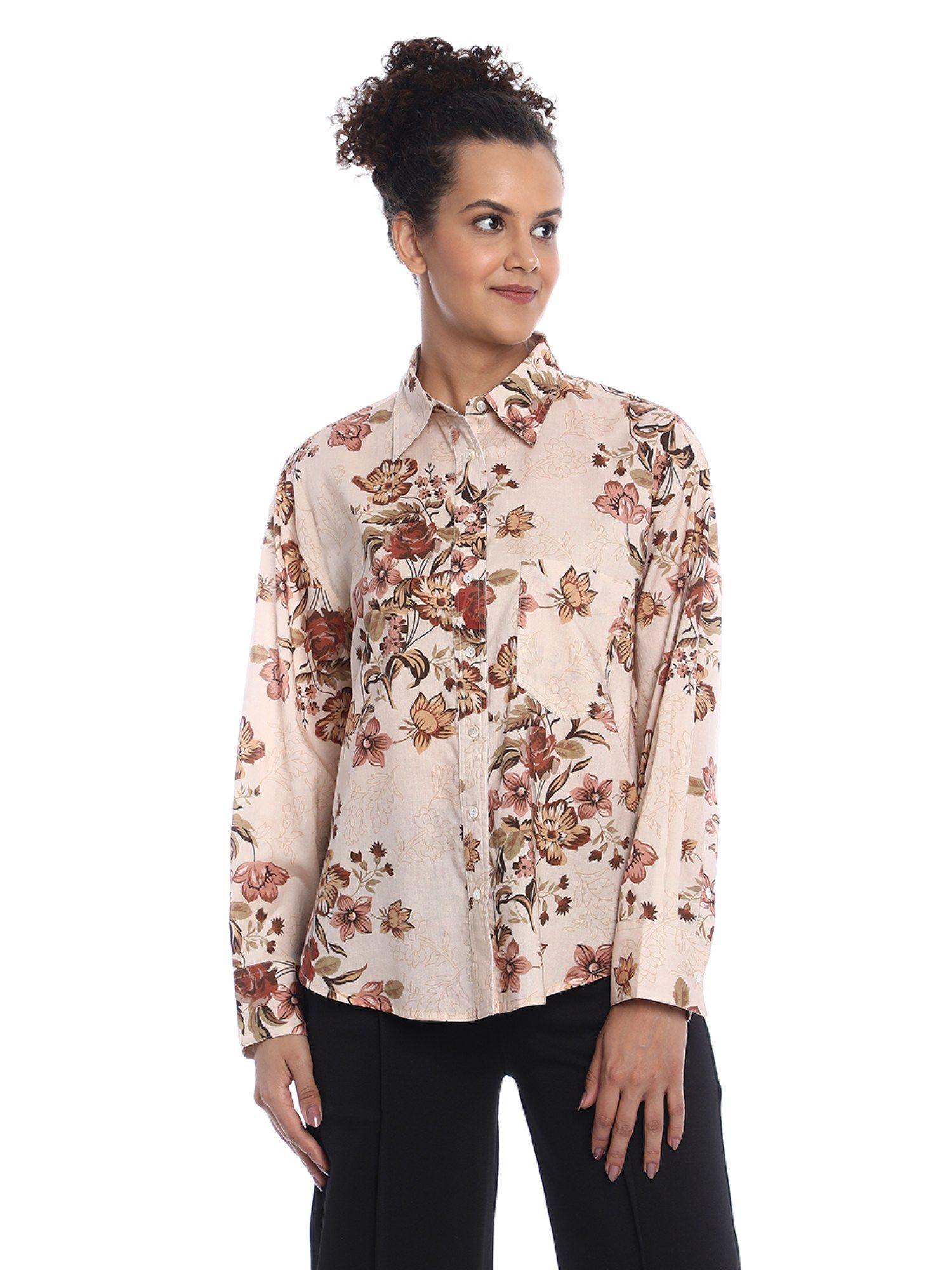 bellora beige floral printed cotton oversized shirt for women