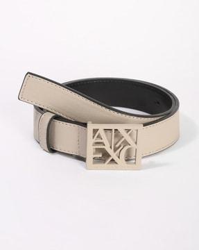 belt with square metal logo buckle closure