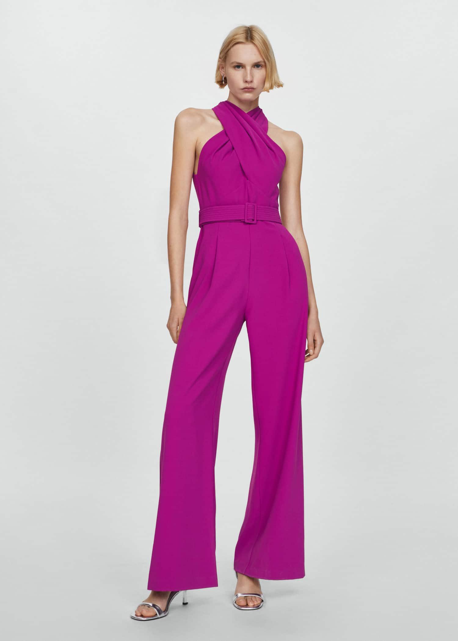 belted crossover collar jumpsuit