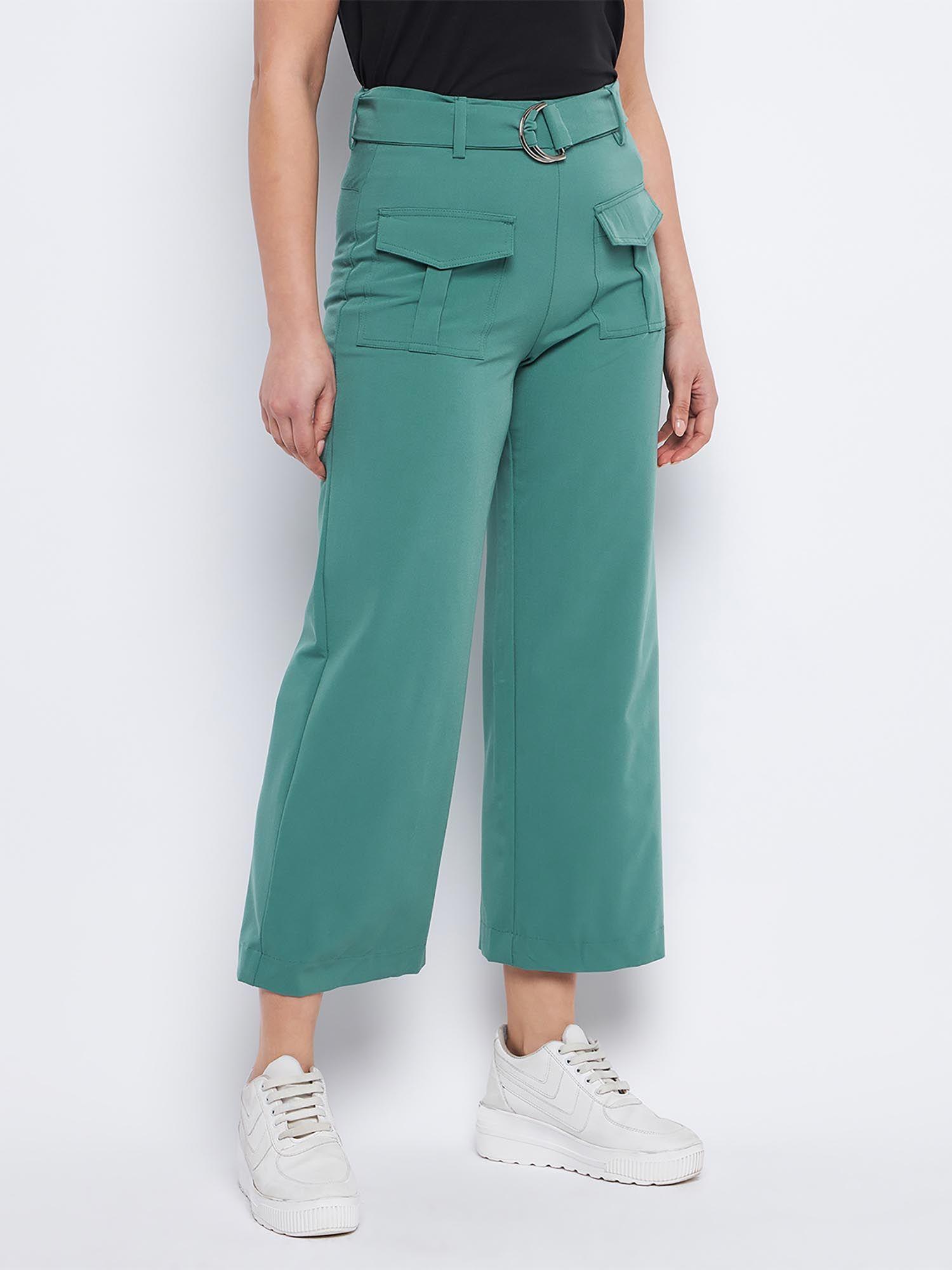 belted flared green trouser