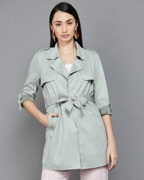 belted jacket with flap pockets & roll-up sleeves