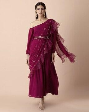 belted kurta with attached organza dupatta