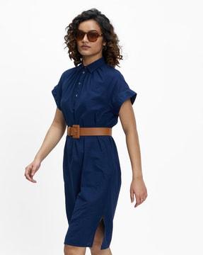 belted shift dress with side slit