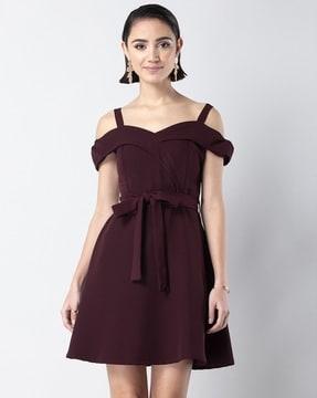 belted skater dress with cold-shoulder sleeves