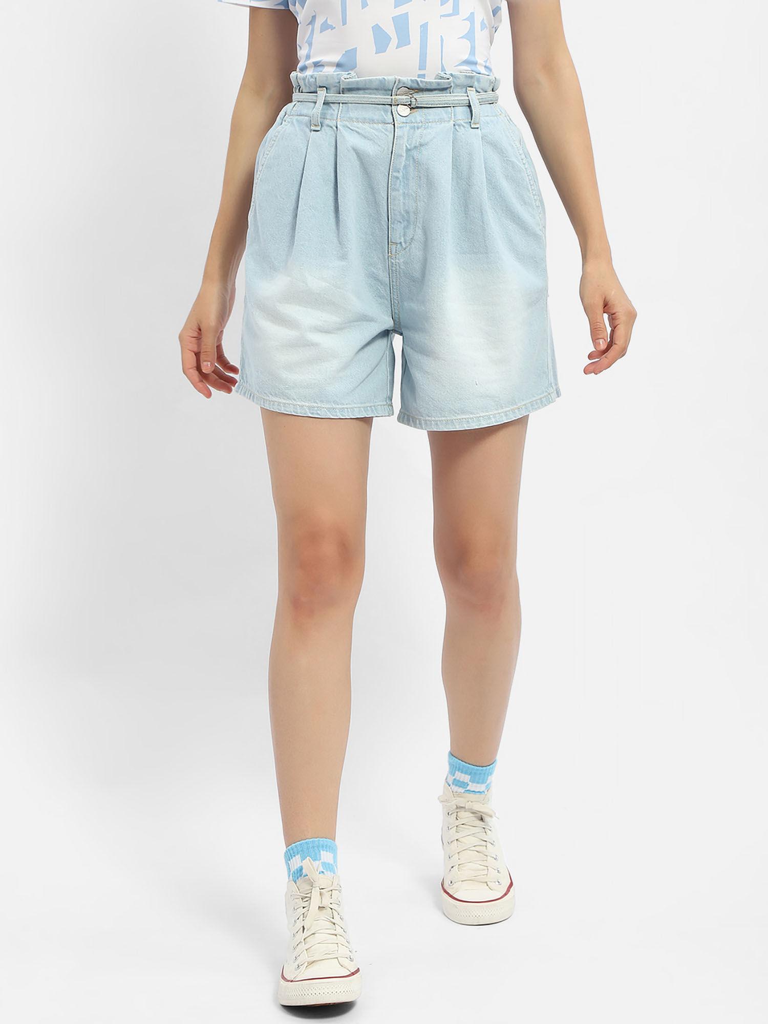 belted waist light blue denim shorts with blet (set of 2)