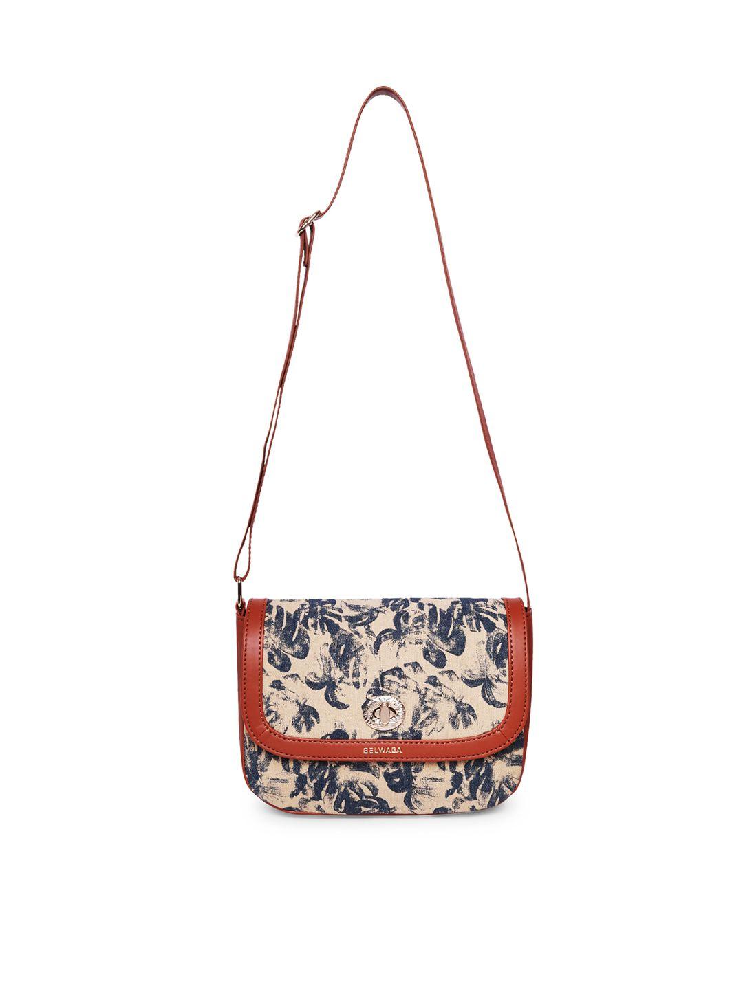 belwaba beige floral embellished structured sling bag with tasselled