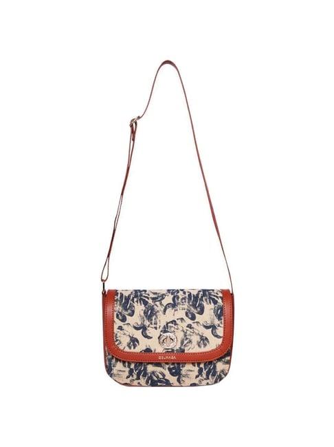 belwaba beige printed small sling handbag