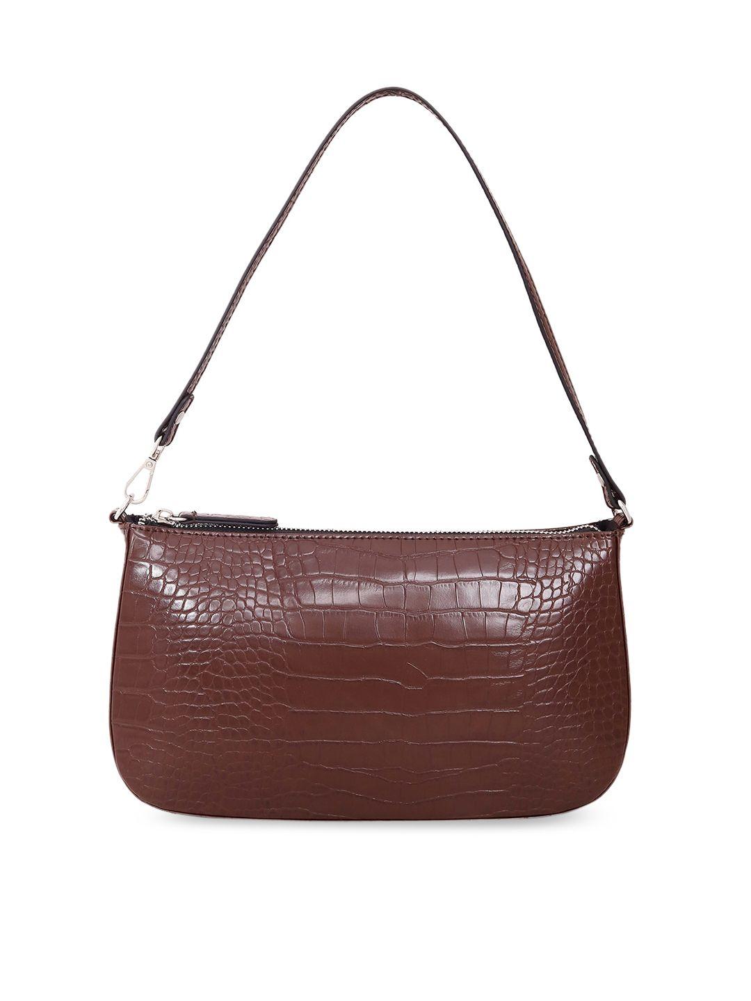 belwaba brown textured pu structured handheld bag with applique