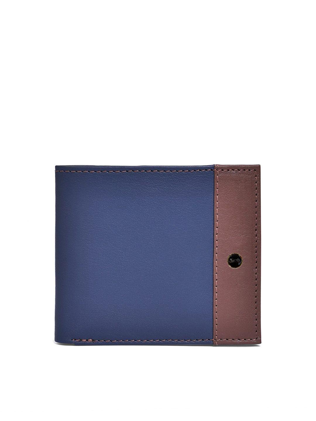 belwaba men navy blue & brown colourblocked leather two fold wallet