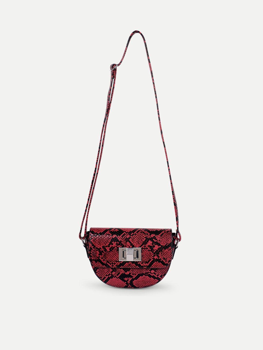 belwaba red animal textured pu half moon sling bag with quilted