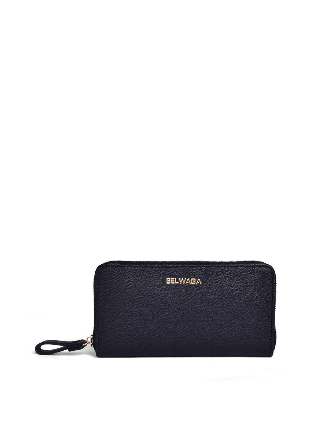 belwaba women black textured pu zip around wallet