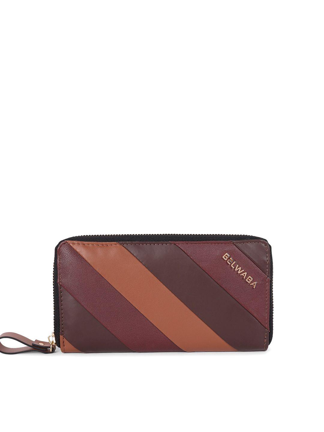 belwaba women brown & maroon striped pu zip around wallet