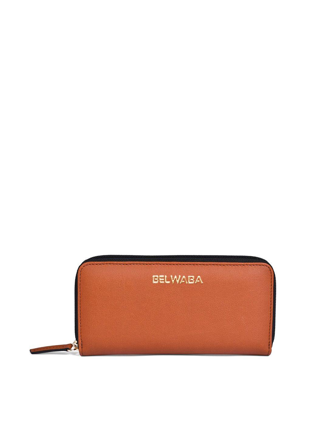 belwaba women brown solid pu zip around wallet