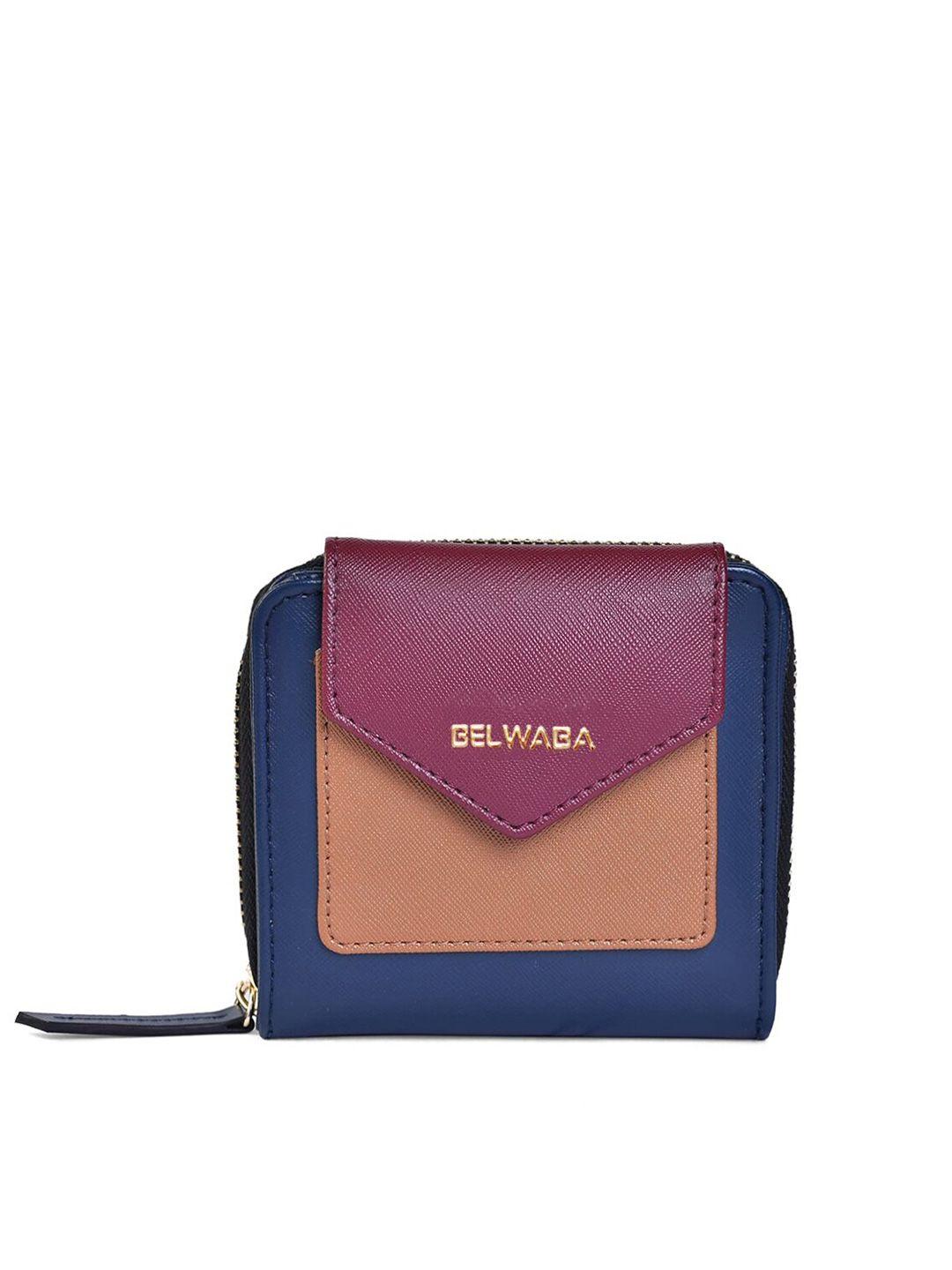 belwaba women multicoloured & navy blue colourblocked pu zip around wallet