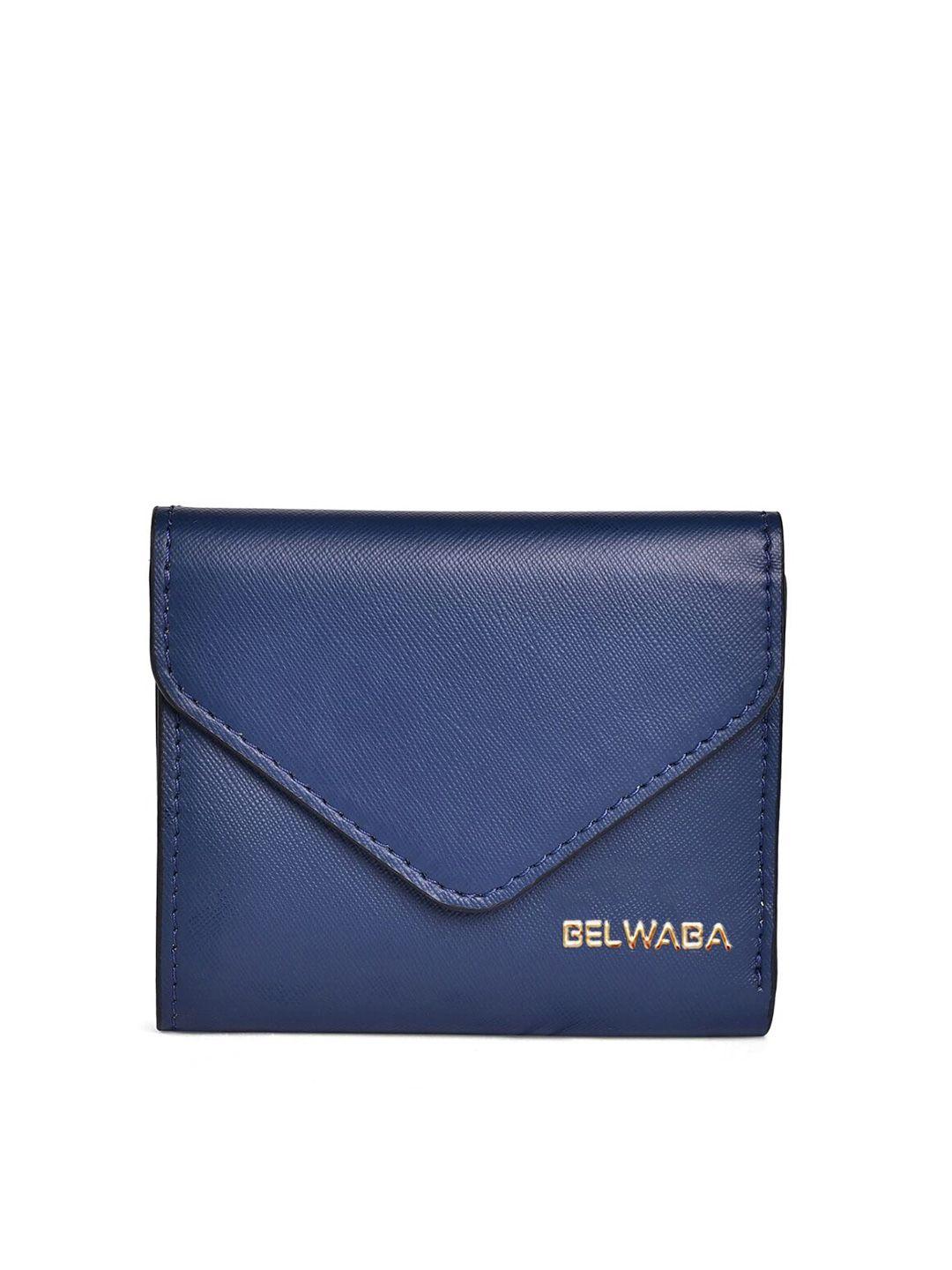 belwaba women navy blue textured pu three fold wallet