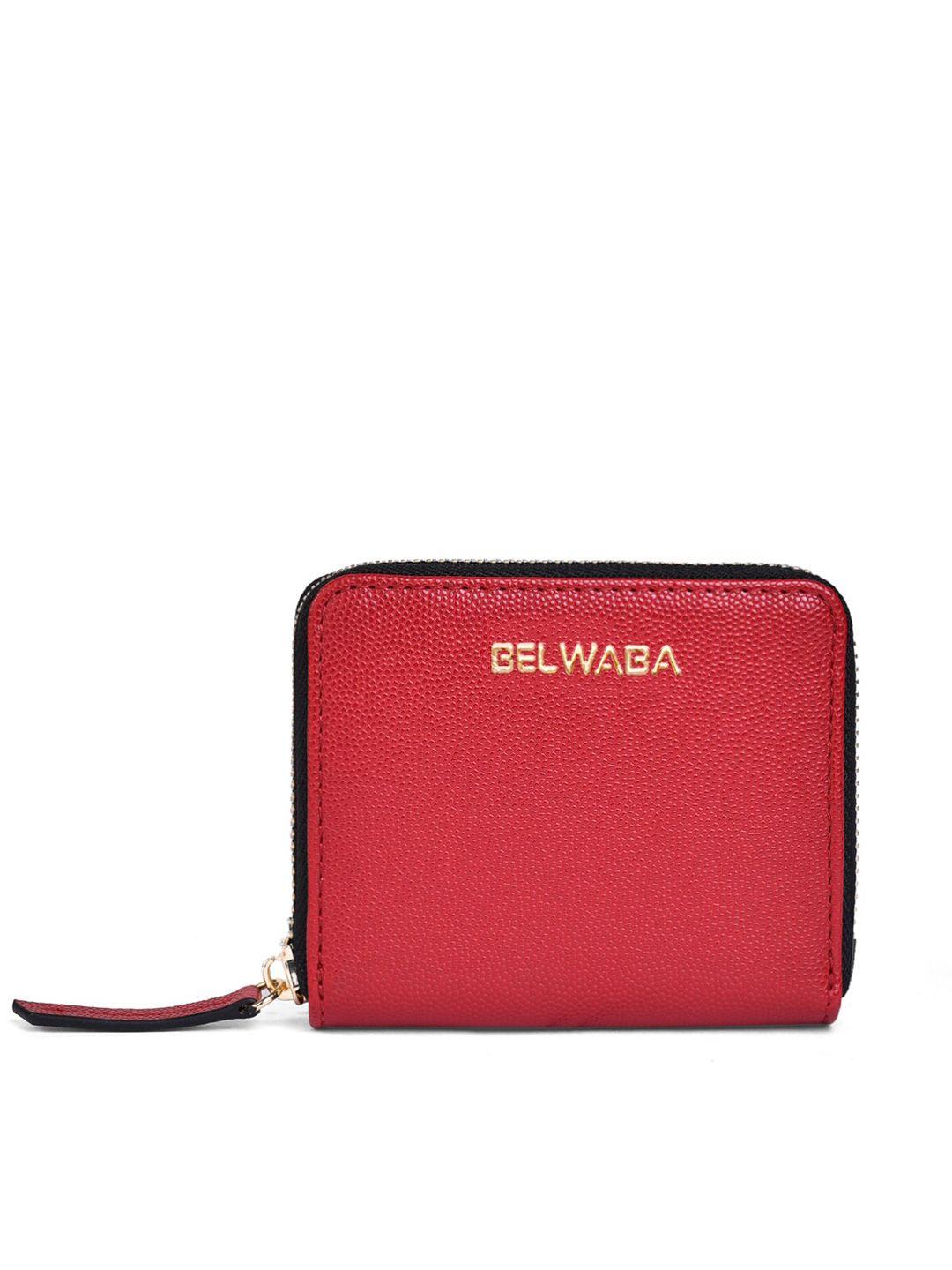 belwaba women red & gold-toned textured pu zip around wallet