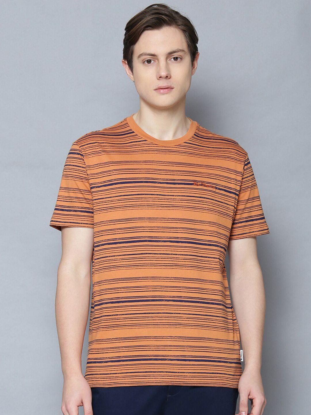 ben sherman men orange  navy blue striped round neck pure cotton t-shirt