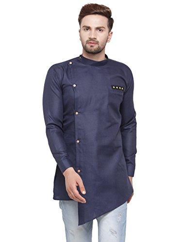 ben martin men's regular fit cotton & linen navy blue angrakha short kurta size l