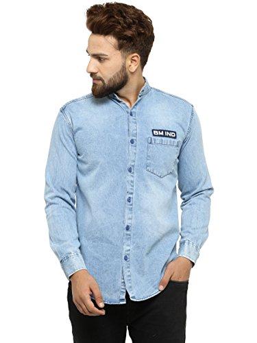 ben martin men's regular fit mandarin collar full sleeve light blue denim shirt, 2xl