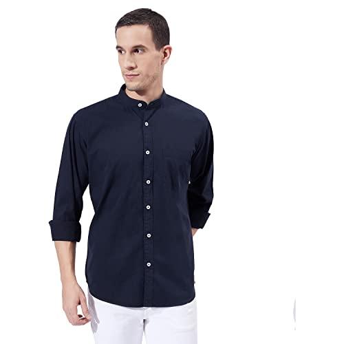 ben martin men's slim fit mandarin collar full sleeve cotton casual shirt navy blue, large