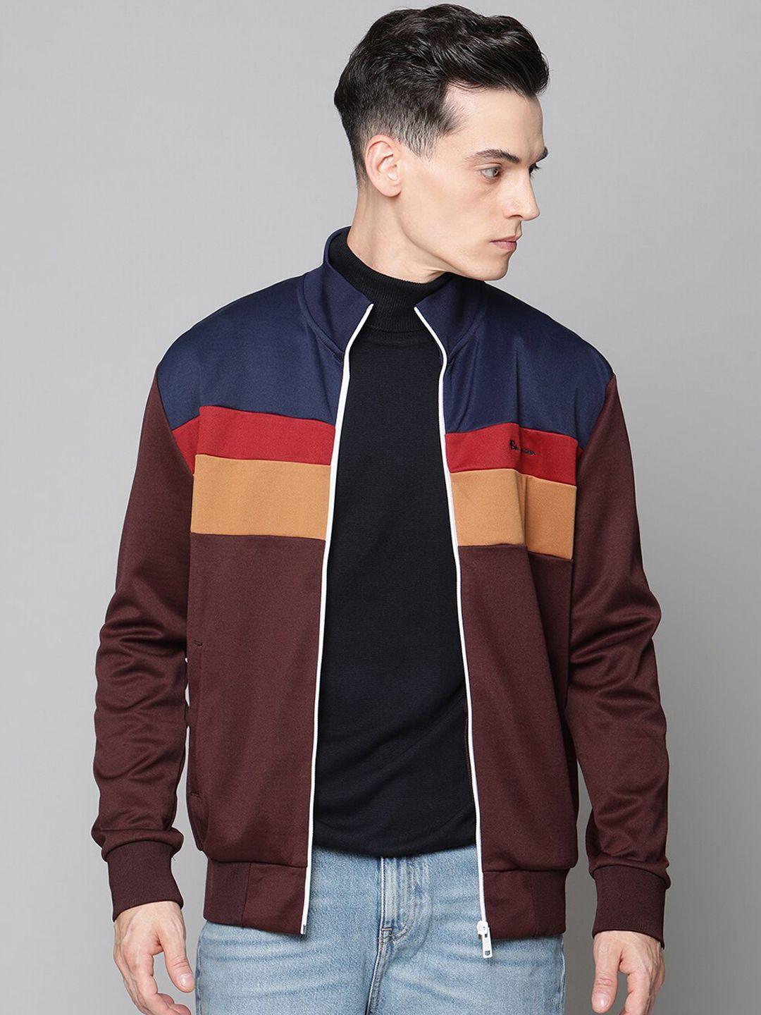 ben sherman men maroon & blue colourblocked sweatshirt