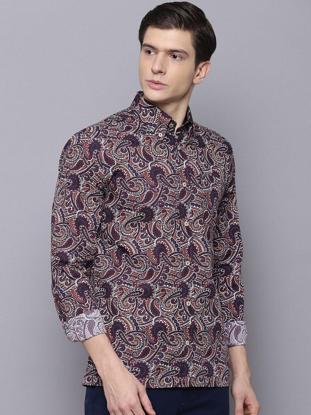 ben sherman men navy blue & orange slim fit printed casual shirt