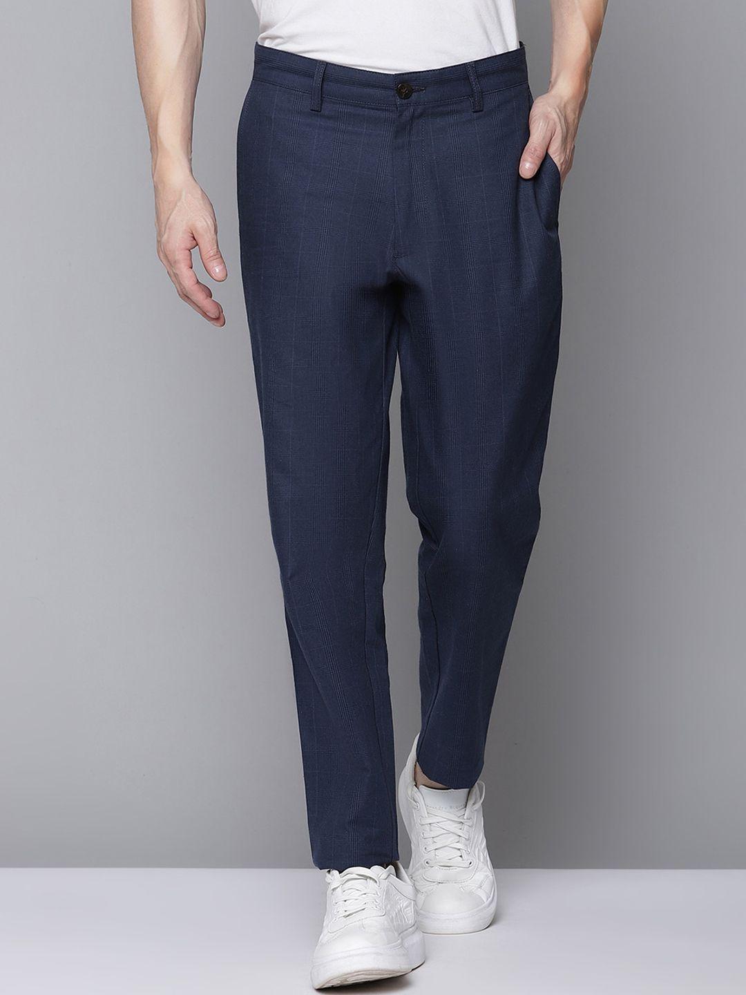 ben sherman men navy blue checked tapered trousers