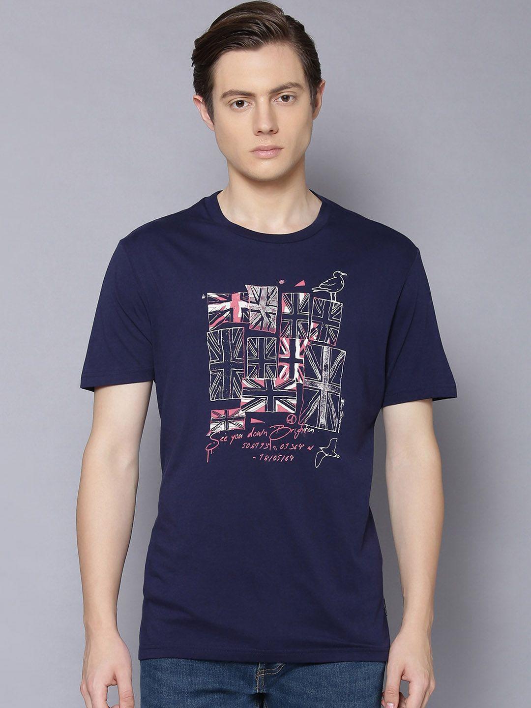 ben sherman men navy blue printed round neck organic cotton t-shirt