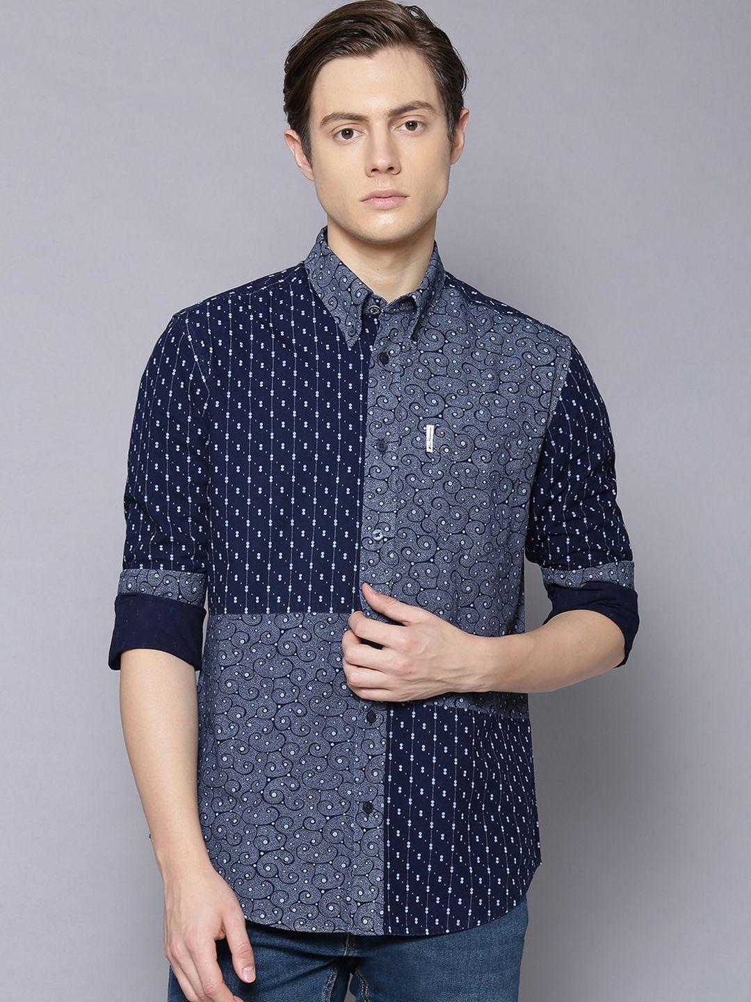 ben sherman men navy blue regular fit printed cotton casual shirt