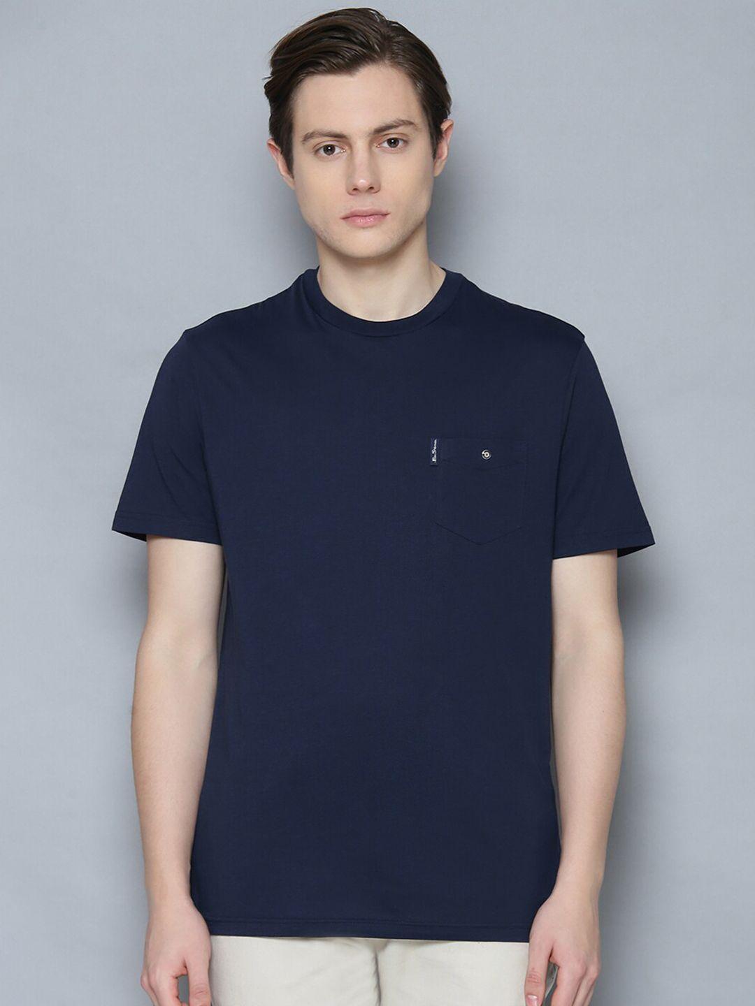 ben sherman men navy blue solid round neck organic cotton t-shirt